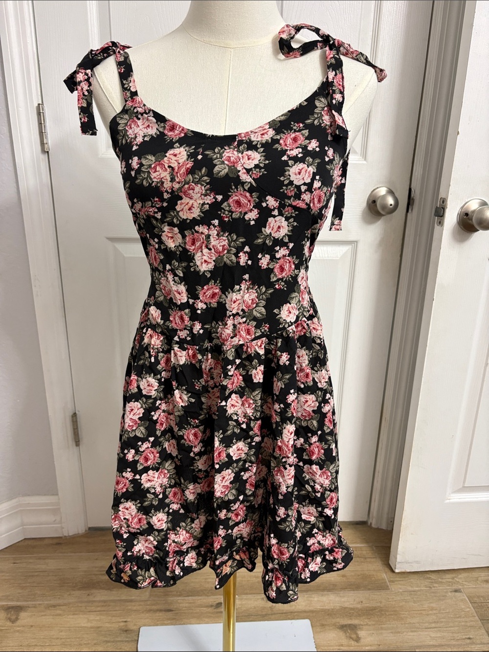 Black Floral Tie-Shoulder Sundress - Pink Rose Print